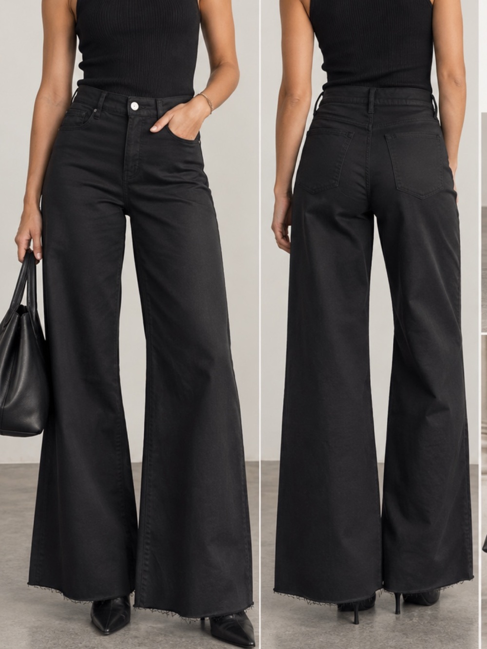 FRAME Le Palazzo Black High Rise Wide Leg Pants Raw Hem Size 31